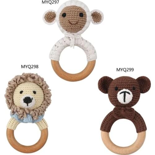 Baby Wooden Teether Ring DIY Crochet Animal Rattle Infant Teething Nursing Soother Molar Toys for Newborn Shower Gifts 425F