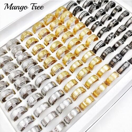 20Pcs/Lot Stainless Steel Jesus Cross Rings For Men Women Fashion Silvery Golden Black Colors Mixed Style Charm Party Jewelry