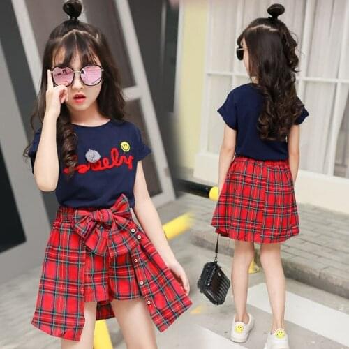 Kids Girls Clothes Set Cotton Shirt + Plaid Skirt 2pcs Childrens Costumes For Girls Teenage Kids Girls Tracksuit 6 8 10 12 Year