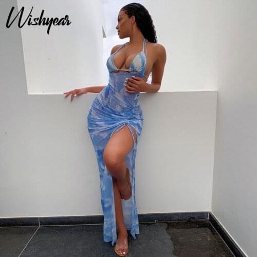 Wishyear Tie Dye Mesh Sheer 3 Piece Swimsuit Backless Crop Top Thong Bandage Maxi Dresses Cover Up Summer Beachwear Sexy Outfits