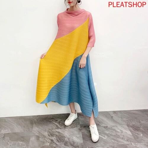 Miyake Pleated Dress 2020 Spring And Summer New Style Mixed Colors Pleat Long Dresses Loose And Plus-sized WOMENS Dress elegant