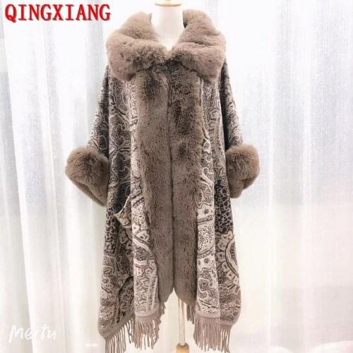 2021 Women Winter Thick Fake Fox Fur Big Long Collar Loose Printed Poncho Big Pendulum Capes Plus Size Tassel Cloak Pocket Coat