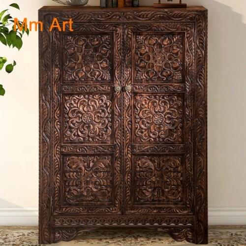 New Chinese Retro Solid Wood Hallway Locker Living Room Carved Elm Entrance Cabinet Thai Style