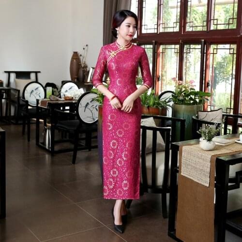 Autumn Red Lace Long Toast Dress Evening Dress Etiquette Cheongsam Party Gown Traditional Chinese Lady Long Silk Modern Qipao