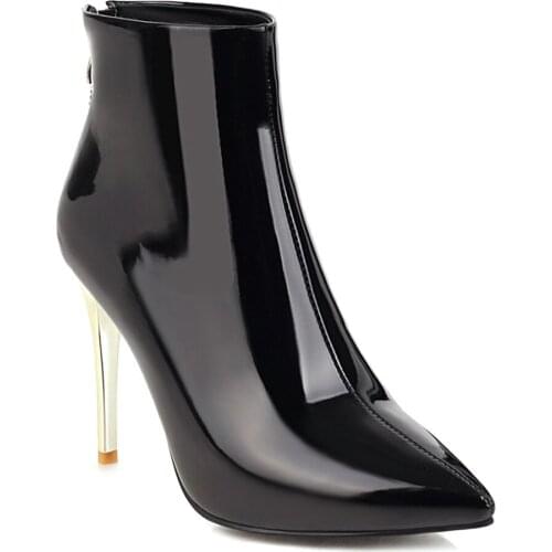 Pointed Super High Metal Stiletto Ankle Boots Patent Leather Super High Heel Zipper Short Boots Yellow Sexy Womens Shoes