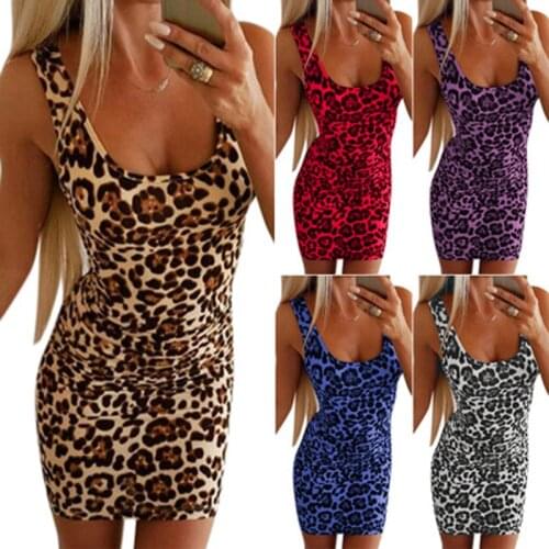 Leopard Print Casual Mini Dress Summer Women Fashion Patchwork Design Square Collar Sleeveless High Waist Slim Hips Pencil Dress