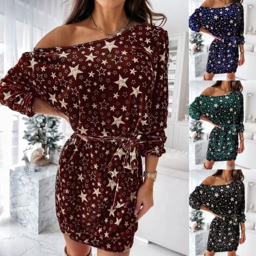 Dress Spring And Autumn New 2021 Print Star Loose Casual MiniDress O-Neck Long Sleeve Pullover Lace Shases Include Should Dress