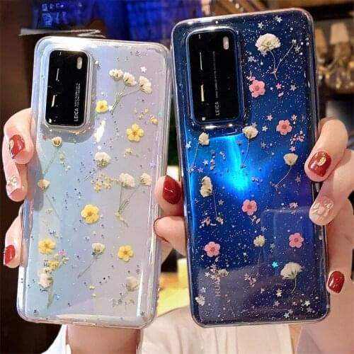 Real Dry Flower Glitter Clear Case For Huawei P40 P30 Lite P20 Pro Nova 4 5 6 SE 7 Pro 7i Mate 20 30 Transparent Case Soft Cover
