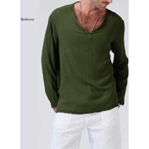 Plus Size Tunic Mens Shirt Soft Solid Color Linen Basic Casual Long Sleeve V-Neck Shirts Men Summer Spring Loose Tops