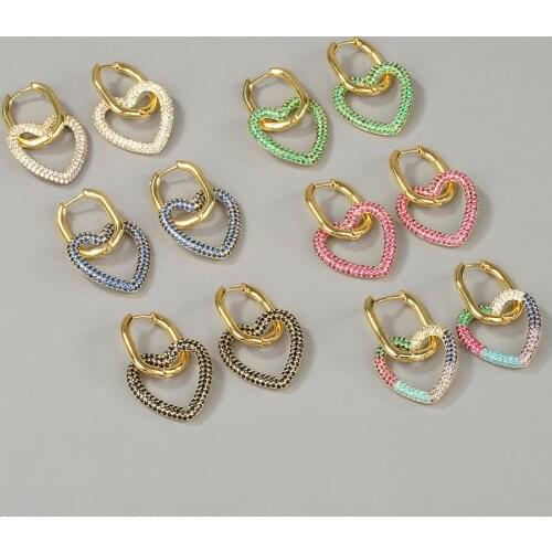Fashion black blue Heart hoop earrings women vintage cubic zircon bling copper geometric gold color hoop earring jewelry wholesa