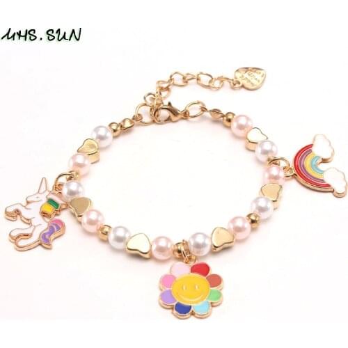 MHS.SUN 1PC Flower/Unicorn/Rainbow Pendant Jewelry Girls Kids Charm Bracelet DIY Fashion Children Chain Bracelet Party Gift