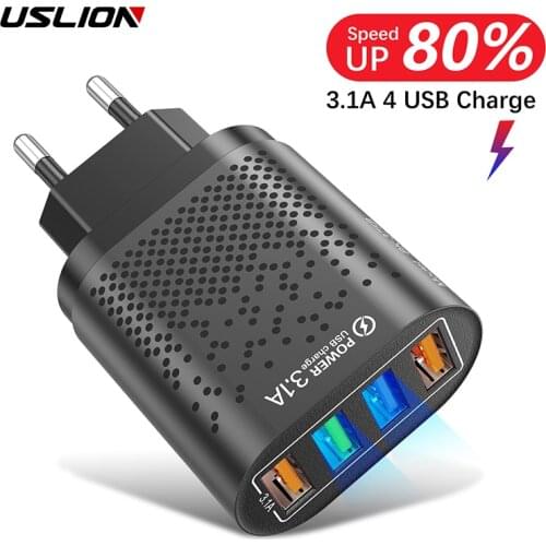 USLION 4 Ports USB Charger Fast Charge QC 3.0 Wall Charging For iPhone 12 11 Samsung Xiaomi EU US UK Plug Adapter Travel Charger