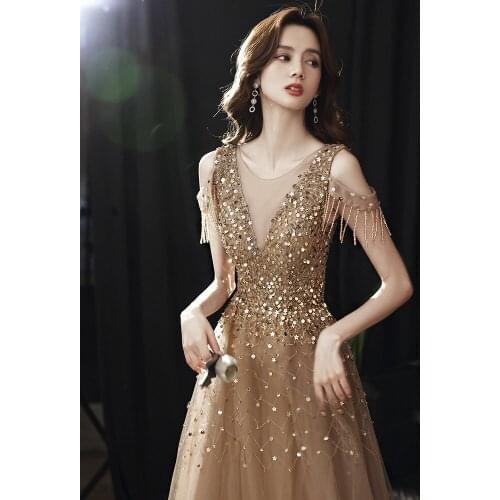 Champagne Exquisite Sequined Evening Dresses A-Line Tulle Sexy Tassel Party Gowns Robe De Soiree