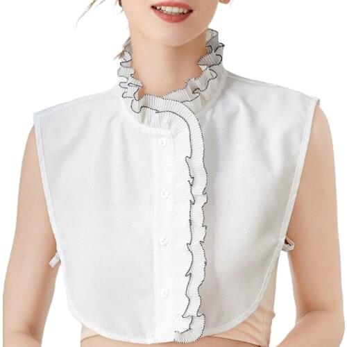 Women Vintage Stand Faux Collar Double Layer Ruffles Trim Chiffon Detachable Half Shirt Blouse Dickey Button Down False Top N2UE