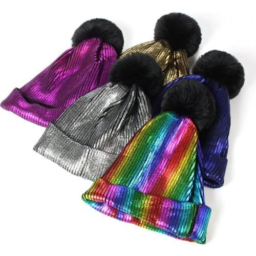 Women Winter Knitted Hat Fur Ball Warm Knitted Beanie Hat Outdoor Party Glisten Warmth Knitted Gorras