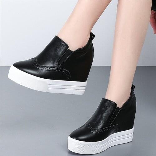 10cm Wedges High Heel Fashion Sneakers Women Genuine Leather Platform Ankle Boots Female Round Toe Pumps Shoes Casual Shoes 2021