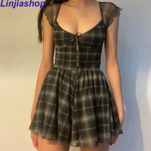 Patchwork Black Lace Playsuit Sexy Club Wear Square Neck Woman Plaid Jumpsuit Vintage Summer Y2K Harajuku Chic 2021
