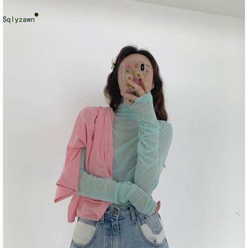 Women Korean Streetwear Sweet Solid Transparent Pleated Long Sleeve Turtle Neck Top Female Candy-colored All-match Mesh Top Tee