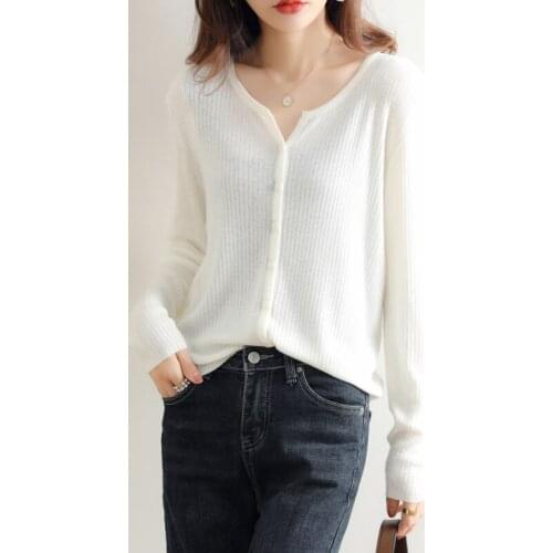 2021 Spring Autumn Heart Collar Knitting Cardigan Womens Loose Thin Fine Imitation Wool Light Breathable All-Match Short Top