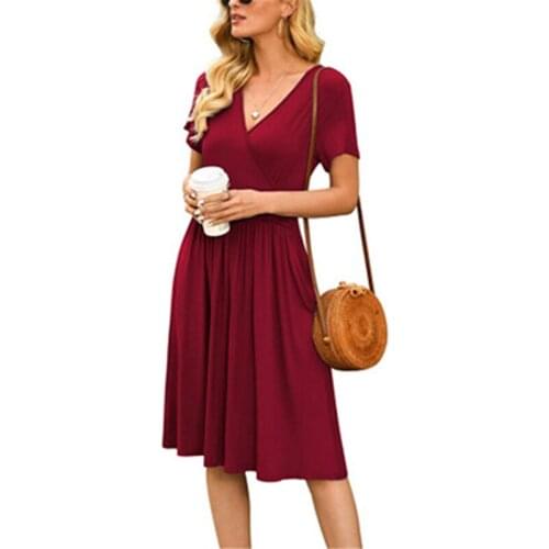 Elegant Dress Women Casual Comfy Sexy Solid Color V-Neck Pocketed Short Sleeve Bodycon Dress 2021 Fashion Midi Dresses