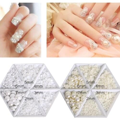 1 Bag Mixed 2-7 mm White/Ivory Pearls Bead Flatback Half Round/120-1200Pc-Artifical Imitation Beads Pearl For Nail Art Deco ZD26