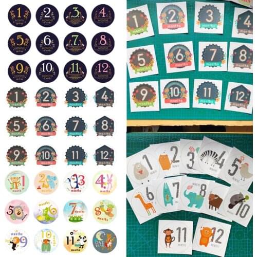 12 Sheets Cartoon Baby Milestone Stickers Pregnant Monthly Memory Recording Photocards Sticker Newborn Souvenirs Accessories