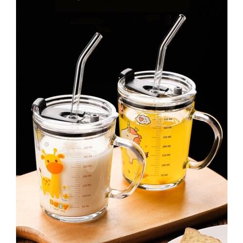 410ml glass coffee Mug With Straw and lid Cartoon Creative childrens Glass milk cup juice glass Drinkware water bottle Gift set