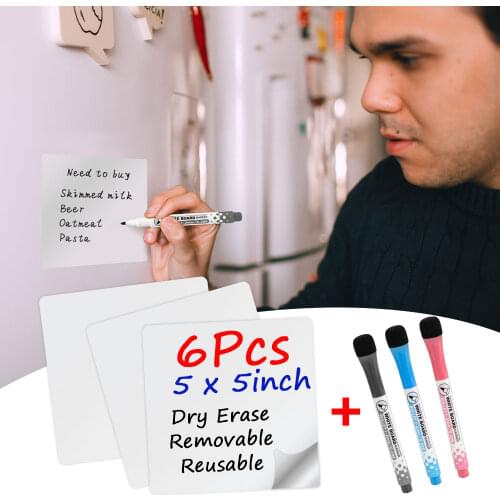 6Pcs Reusable Dry Erase Whiteboard Stickers Notes 5*5inch with Magnetic Pen Sticky Notes Memo Message White Board Fridge Sticker