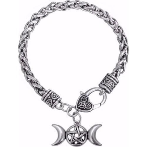 Triple Moon Goddess Amulet Wicca Pentagram Charm Punk Bohemian CC Wide Metal Braided Male Bracelet Men Snaps Jewelry