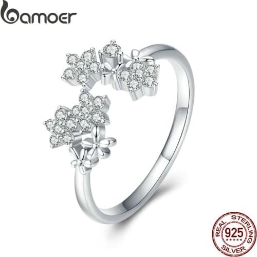 BAMOER Shining Authentic 925 Sterling Silver Daisy Clear CZ Adjustable Finger Rings for Women Wedding Engagement Jewelry BSR021
