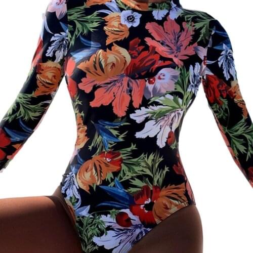 Print Floral One Pcs Swimsuit Women Long Sleeve Swimsuit Surfing Rash Guard All-in-one Swimwear Zipper Rash Guard Outdoor Beach