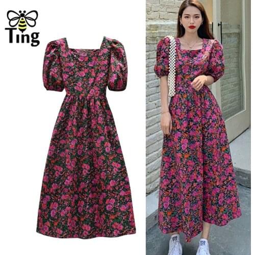 Tingfly Vintage Floral Printing Puff Sleeve Summer Midi Long Casual Dress Korean Style Women Dresses Traf Boho Vacation Frocks