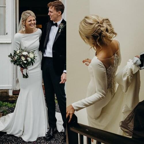 Mermaid Jersey Satin Wedding Gowns See Through Beaded Back Buttons 2021 Custom Made Long Sleeves Boat Bateau Neck Bridal Dresses