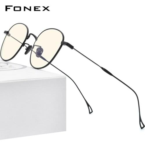 FONEX Anti Blue Light Glasses Women Round Antiblue Blocking Filter Eye Strain Computer Gaming Titanium Eyeglasses Men 8554AB
