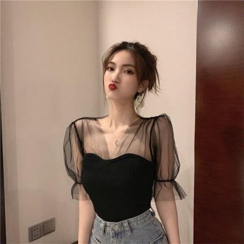 Summer Women V-neck Mesh Stitching Knit Slim Solid Color Lantern Sleeves Ladies Patchwork Sexy Pullovers Female Net yarn T-shirt