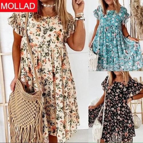 2021amazon Hot Sale Summer European and American Style Womens Printed round Neck Short Sleeve Loose Dress