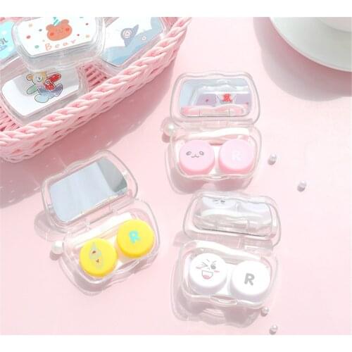 Cartoon Contact Lens Cases with Mirror Cute Contact Lens Box Square Women Girls Travel Contact Lenses Kit Container Case