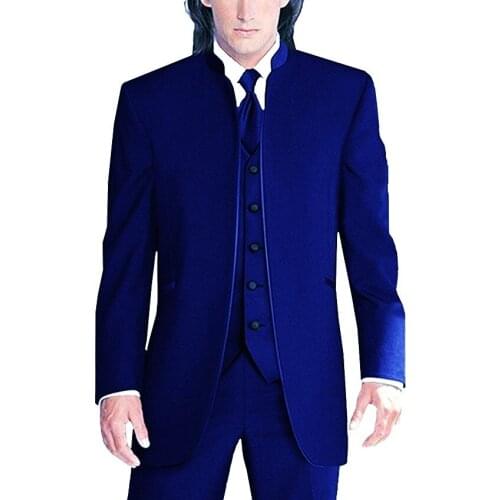New Style Groomsmen Royal Blue Groom Tuxedos Mandarin Lapel Men Suits Wedding Best Man Blazer ( Jacket+Pants+Vest+Tie ) C469