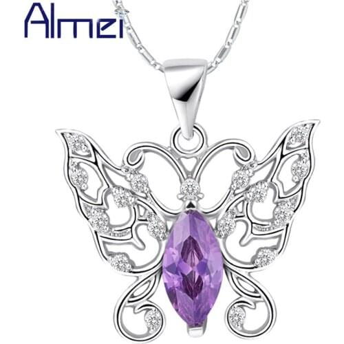 Almei Purple CZ Rhinestone Necklace Trendy Fashion Crystal Womens Accessories Girls Gift Cute Butterfly Pendant Collares N1039