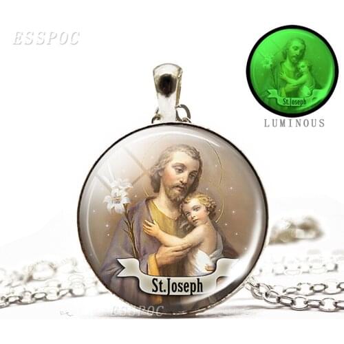 St Joseph Glass Cabochon Necklace Growing Pendant Luminous Jewerly Bible God Christian Art Chain Necklace