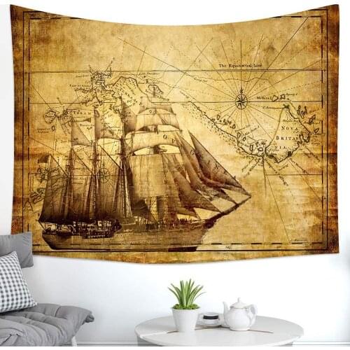 Pirate Treasure Map Sailing Ship Drawing Tapestry Old Ancient Pattern Wall Hanging