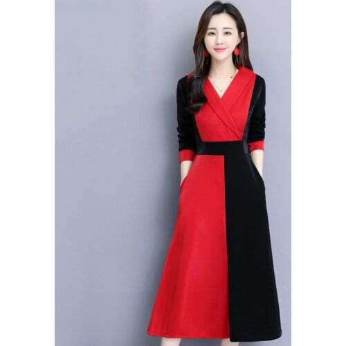 French Style Spring Autumn Womens Dress 2021 New Casual A-Line Office Lady Eleagnt Slim Fashion V-neck Dresses 5XL aq257