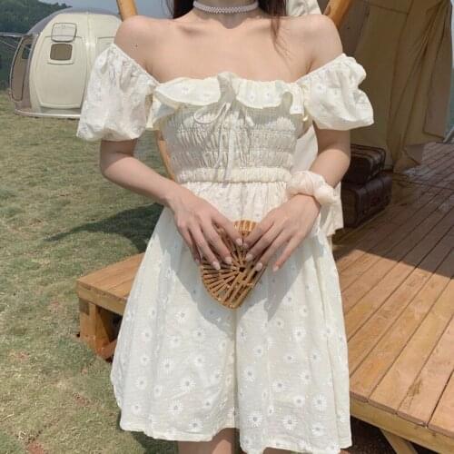 Dresses Women New Floral Ruffles Square Collar Puff Sleeves Prairie Sweet High Waist Fairy Summer Casual Mini A-line Dress
