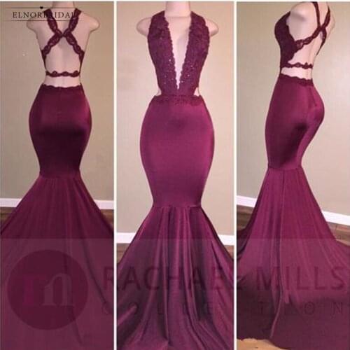 Sexy African Burgundy Mermaid Prom Dresses 2021 Deep V Neck Vestidos De Festa Open Back Evening Gowns Women Formal Party
