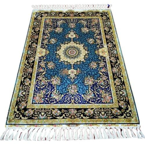 Seeykeep™ 4x6ft Stunning Central Medallion Floral Azure Backcolor Indigo Border Design Silk Handknotted Rug-FC3016050