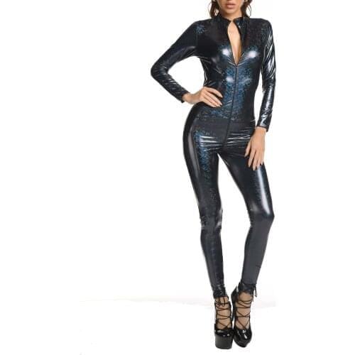 Sexy Hot Womens Faux Leather PVC Catsuit Latex Bodysuit Front Zipper Crotch Jumpsuits Bodystockings Pole Dancing Erotic Costumes