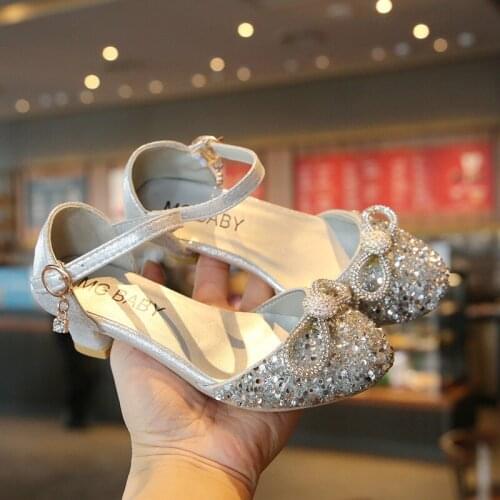 Girls Crystal Shoes Children Half Sandals High Heels Rhinestone Bling Glitter Bow-knot Chic Princess Kids Dress Shoes Sandals