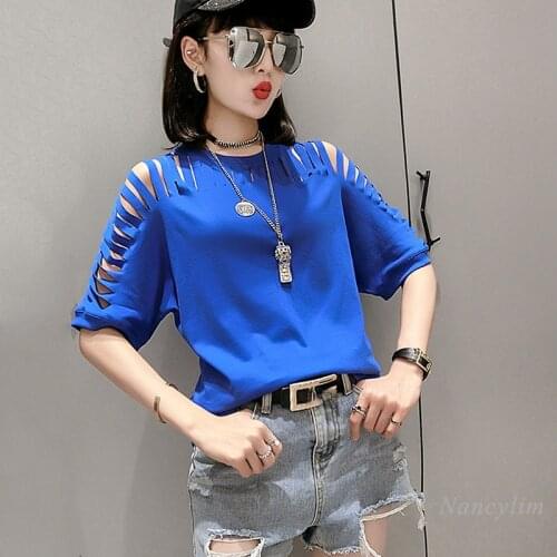Plus Size Ripped Holes T-shirt Womans Short Sleeve 2021 Summer New Loose Cotton Shirts Female Streetwear All-Match Tops Tees