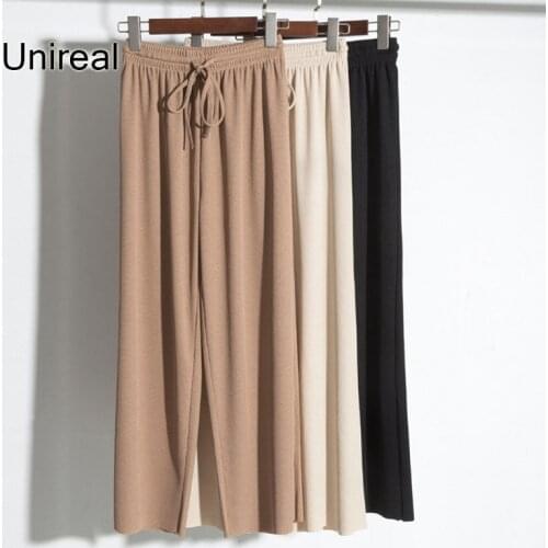 Unireal 2021 Summer Women Wide Leg Pants High Waist Elastic Casual Trousers Knitted Palazzo Pants Plus Size