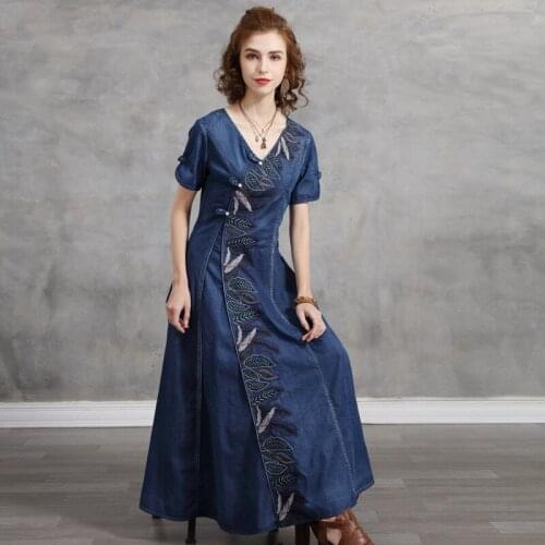 2021 Summer New Style Disc Button Slim Denim Long Dress Retro Stitching Leaf Embroidery Short-Sleeved Dress